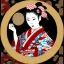 Placeholder: This striking image captures the essence of traditional Japanese culture and aesthetics. At the center is a woman donning an exquisite kimono, embodying the grace and elegance associated with the geisha tradition. The kimono's black and red colors, accentuated by the white floral patterns, create a visually striking contrast against the muted backdrop of misty mountains and Japanese pagodas. Her hairstyle, adorned with sakura (cherry blossom) ornaments, further enhances her connection to the nat