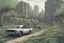 Placeholder: post office, car, forest, overgrown apocalyptic city background, comic book,