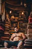 Placeholder: close up photography of a burly chubby muscular strong 24-year-old marocan man in Istanbul bazaar, shirtless, short beard, selling carpets sitting on a pile of carpets, big shoulders, manly chest, very hairy, side light, view from the ground