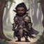 Placeholder: Aanthis Fadas is a male dark elf with dark skin with up-pinned dark hair and beard moustache combo wearing grey and brown tribal armor and living in a wood elf hut , in chibi art style