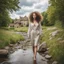 Placeholder: full body shot of a very beautiful lady curly hair, walks in the country side with a narrow river with clean water and nice rocks on floor. The trees and wild flowers pretty country houses ,nice cloudy sky.