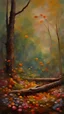 Placeholder: impressionism-style oil painting of a tree falling down in a forest with beautiful flowers
