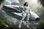 Placeholder: photorealistic slim woman with dark hair and white boots in a heroic pose in front of a fat wide spaceship in the jungle