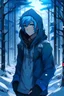 Placeholder: Anime Junge mit seitenscheitel und blauen Haaren und ein paar Bartstoppel in einem verschneiten Wald mit schwarzen Kapuzenpulli