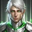 Placeholder: Please create an image for a young elven male with light brown skin, silver hair, and green eyes. He is accompanied by a metallic robot