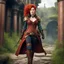 Placeholder: Meet her, a standing steampunk adventurer with an intricately designed brass-and-copper leather duster and fitted corset that enhances her agility and strength. With wild, copper-red hair, she navigates lush and forgotten ruins with her versatile gear, including her boots, a grappling hook and a clockwork compass that always points to adventure. [Shattered Image, Shot the texture, rewind the film for double exposition from multiple 1979 B colour movies]