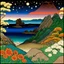 Placeholder: Colourful, peaceful, Hiroshige, Henri Rousseau, night sky filled with galaxies and stars, rock formations with fossils, flowers, one-line drawing, sharp focus, 8k, deep 3d field, intricate, ornate