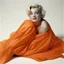 Placeholder: A photograph of marilyn monroe inthe style of milton greene, orange blanket, white background