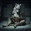 Placeholder: with wolf furry on her full body an anthropomorphic wolf woman hybrid sitting in the middle of a bed with a sewing needle and thread in her paw sewing a material belt, around her in the background are some paper with sketchy line kind drawings from monster on the walls of the wooden house, high realistic, detailed, cinematic, sci-fi, digital art, dark fantasy mood