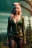 Placeholder: Druid character, young woman, cougar ears, cougar tail on lower back, blonde hair, long hair, green eyes, scars on body, waist up portrait, 4k resolution, intricate details, ornate details, soft lighting, vibrant colors, retroanime, masterpiece, intricate eyeliner, dark eyeshadow, eyes, intricate tattoos, natural background