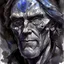 Placeholder: dnd, fantasy, watercolour, large strokes, stylistic, portrait, illustration, very dull black grey colours, male, face, sturdy wide face, weathered face, sly, violent, evil, smiling