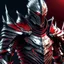 Placeholder: silver and crimson knight armor with glowing red eyes, and a ghostly red flowing cape, crimson trim flows throughout the armor, the helmet is fully covering the face, black and red spikes erupt from the shoulder pads, crimson hair coming out the helmet, spikes erupting from the shoulder pads and gauntlets