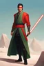 Placeholder: Red Blindfold, Male Tan Human, Very Long HairLong Black Hair, Peaceful pose, Red Crossgaurd Lightsaber