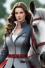 Placeholder: A portrait of a woman with long brown hair and red eyes wearing competitive horse riding clothes, holding the bridle of a gray horse with a black mane, modern dressage arena setting, anime style, intricately detailed, HD, 4k, trending on artstation