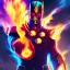 Placeholder: A flaming-eyed commander with flaming light blue pupils stands atop a squire Two infinity gauntlets contain six infinity stones, one of which is made with nano In the hands of a powerful man walking