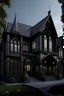 Placeholder: Design the exterior of a house with a lot of high windows and modern with a dark color theme in Gothic style