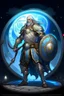 Placeholder: Please create an image for a 30-year old aasimar male with silver hair and a short, square beard and blue eyes but no explicit celestial features. He is a cleric, and standing outside in the moonlight wearing plate armor and wielding a shield and a warhammer. His equipment carries motifs of the crescent moon