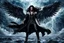 Placeholder: floating Badass fallen angel, attractive man with long black hair, dark leather cloth, boots, high quality, detailed, cinematic. digital art, fantasy, sci-fi, storm, masterpiece