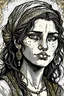 Placeholder: Portret de femeie tiganca, incadrat in pagina , deseneaza cu penita cu tus negru cu linii bine definite , si coloreaza cu acuarela , un sketch minimal art ,stil gravura pe metal, hasurat cu linii fine , cu mare acuratete si contrast , stil gravura pe metal ,