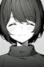 Placeholder: short hair girl, closed eyes, close-up, greyscale