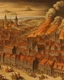 Placeholder: An orange colored western town engulfed in smoke designed in Heidrun manuscripts painted by Lucas van Leyden