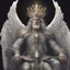 Placeholder: God-like man with infinite power who owns the galaxies and wears a beautiful crown, a jewel of diamonds and galaxies with weapons riding on a creature with an eagle head and eagle wings and eagle hands