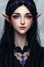 Placeholder: Portrait of a beautiful young adult witch with black long and loose hair and purple eyes and her clothes are black with lots of lace. She wears a necklace that glows purple and a fine head chain that is decorated with purple gemstones. She has pale skin. She is not wearing a hat. She has a middle parting. Her face is a bit more tender and narrow. she has silver earrings. She has diamond shaped pupils. she smiles. She has small elf ears. her eyes are doll like.