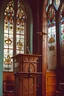 Placeholder: The Bible lies on the pulpit in the church hall, and above it are several question marks