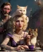 Placeholder: Ultra realistic afternoon photo, happy couple, blonde Alice woman and purple cat smoking a pipe, circus blue dress style, black headband with bow, old school body tattoo, smoke, marihuana garden, glow eyes, perfect iris, soft color, highly detailed, unreal engine 5, ray tracing, RTX, lumen lighting, ultra detail, volumetric lighting, high definition.