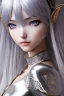 Placeholder: Detailed cute anime Kunoichi elf girl, silver hair, silver bangs, black latex bodysuit, intricate details, full body portrait, keep head in frame, slight smile, black Japanese motif, concept art, highly detailed, digital painting, concept art, sharp focus, illustration, art by Yoji Shinkawa, WLOP and greg rutkowski and alphonse mucha and artgerm and yanjun Chen and Junji ito and Makoto Shinkai, HDR, octane render