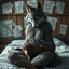 Placeholder: an anthropomorphic wolf woman hybrid with dark brown eyes full furry on her body sitting in the middle of a bed with a sewing needle and thread in her paw sewing a wide material belt, around her in the background are some paper with sketchy line kind drawings from monster on the walls of the wooden house, high realistic, detailed, cinematic, sci-fi, digital art, dark fantasy mood