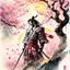 Placeholder: Chinese watercolor on silk painting, fantastical Lovecraftian Samuri warrior in a zen cherry blossom garden, dynamic composition, large sun in background, natural lighting, spring colors, complex contrast, vertical Chinese calligraphy, epic masterpiece