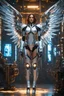 Placeholder: Fullbody Excellence Photography 4k masterpiece, incredible depth, cinematic dynamic lighting, sharp focus, high resolution, high quality, outstanding visual masterpiece, flawless rendering, fine detail, extremely realistic masterpiece a beautiful Angel robot woman straddle wings with exposed machinery and circuitry, hanging out in a cyberpunk workshop, elegant machinery, glowing circuitry on skin, perfect face, proportionate face, beautiful features, unbelievable detail