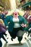 Placeholder: an obese terrified blonde woman crying and sobbing in a pant suit desperately running away from an angry mob of thousands of little kids chase her down a city street while holding books