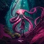 Placeholder: giant octopus enchanted, girl enchanted with katana protect a bunny, in the forest, cliff enchanted, enchanted meteor falling behind, darkred tones, 8k, macro photography,