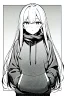 Placeholder: girl in love with long hair thinks in a loose sweatshirt, line arts, greyscale,