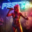 Placeholder: An "FETTA" performing at dance club, her name is "FETTA" and looks crazy, and white stains spraying on stage, Neon lights and smog, "FETTA" SIGN ON WALL