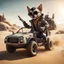 Placeholder: airbrush with pen outline, cool space mad max pimp Elvis gremlin holding automatic pistol, and jumping with a dune buggy that looks a bit like a dog wearing driver gloves, wearing flip down sun glasses, in the style of a fallout 4,bokeh like f/0.8, tilt-shift lens 8k, high detail, smooth render, down-light, unreal engine, prize winning