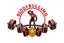 Placeholder: Bodybuilding design for a club with a logo of weights and club equipment below the image and the use of symbols of this sport on a white, red, gold and silver background.