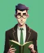 Placeholder: Fit man in round glasses with bookshelf in background,no beard, reading book, slim, tie, monotone, green eyes, comic book style, two tone colours, detailed, ink, realistic, handsome, square jaw, big brows, no jacket, bird on the shoulder, spotlight