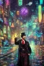 Placeholder: steampunk detective in a neon dystopian city during a rainstorm