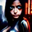 Placeholder: portrait oil on canvas, beautiful punk busty female Alita Battle Angel, intense stare, sad glowing eyes, post-apocalyptic in a cyberpunk city,minimal skintight latex dress, bladerunner movie poster, realistic, intriacte detail,rainy, sci-fi fantasy style, masterpiece, volumetric lighting, particles, highly detailed ,cinamatic , deep colours,8k, in the style of Kaare Andrew