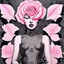 Placeholder: A detailed high quality surreal painting of a delicate, shimmering single pink, personified rose, with a womans face a small pretty face in its petals, two eyes, pouting lips, delictae nose, background is a blurred black and white hypnotic pattern, very mod, 1960s inspired art, psychedelic, highly detailed conceptual art, mixed media collage, dark fantastical, hypnotic atmosphere, fine lines, dali-esc, beautiful and natural, strange art, optical illusion