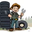 Placeholder: retro cartoon company mascot of a vehicle mechanic with a hint of forest ranger, holding a torque-wrench and next to a stack of tires, ranger jim