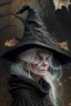 Placeholder: Old White-haired Witchery Witch in her pointed hat ready for the Coven in rusty autumn leaves and silver cobwebs. with burnished browns and abyss black.