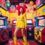 Placeholder: In a rebellious smile, the standing unclad young woman fearlessly delves into the crowded world of arcade gaming. Like a muse of the beatnik era, a vibrant red hat atop her head, a lollipop on her lips, she explodes a sense of rebellion in the middle of a glitched acid trip in yellow boots