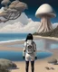 Placeholder: Photorealistic slim woman with black hair in a space suit, looking out over a sandy beach next to a sea, with tall, narrow cloud trees and flying mushrooms with octopus tentacles