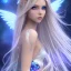 Placeholder:  beautiful, soft, smiling, long and straight blonde hair, bluish background, fairy wings on the back