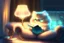 Placeholder: cute chibi fluffy beige bioluminescent cat reading a book sitting on a sofa next to a glowing tiffany lamp in a modern room