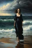 Placeholder: create a classical-abstract-realist sci-fi fantasy full body portrait painting of a lonely distraught woman with highly defined facial features, walking on the shore of a tempestuous sea in the style of Donato Giancola, Hans Memling, Titian, and Caravaggio, 8k, highly detailed, otherworldly and fantastic